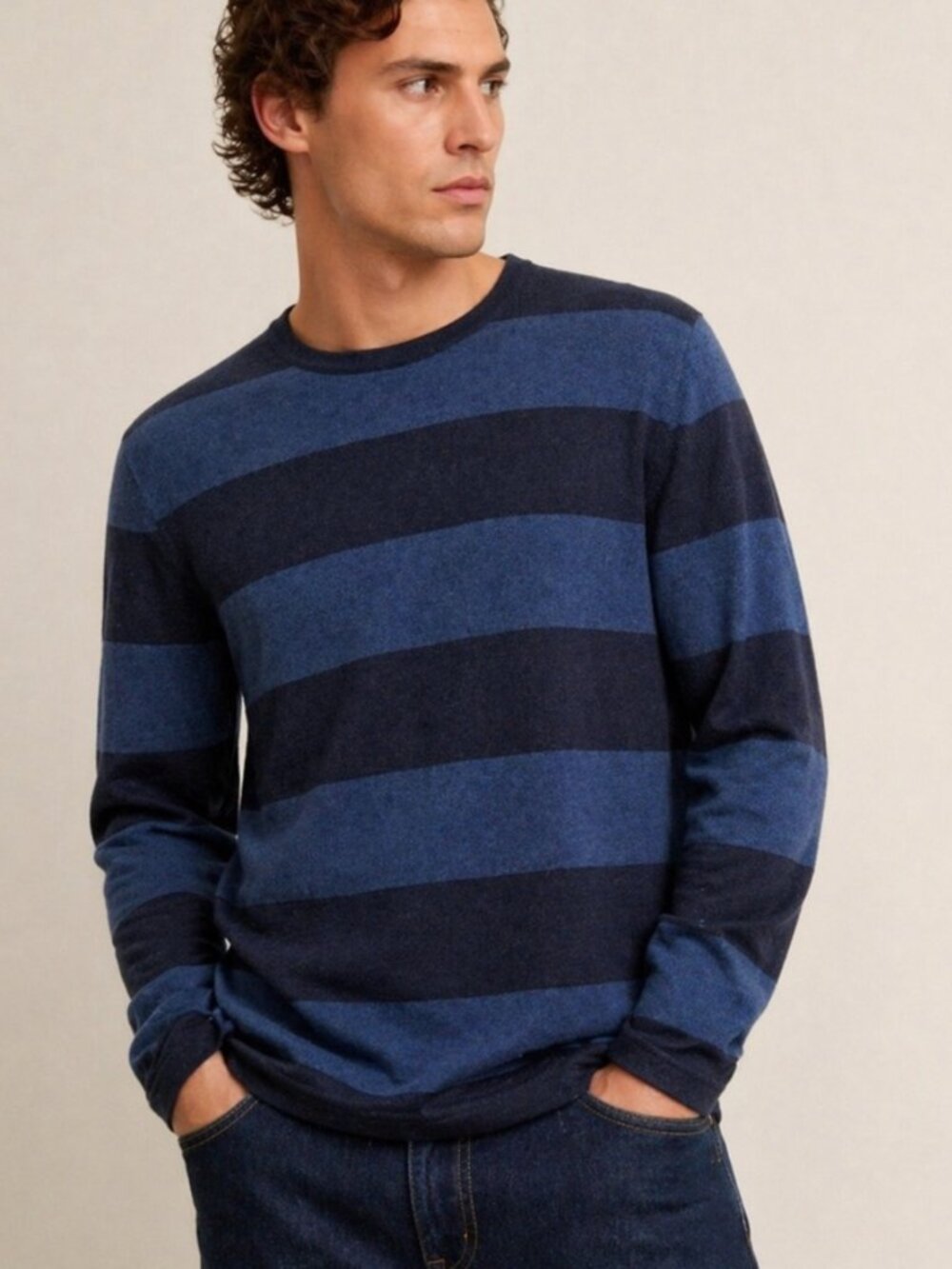 Banana Republic Blue Striped Crewneck Sweater Wool Cashmere Viscose Blend Italy